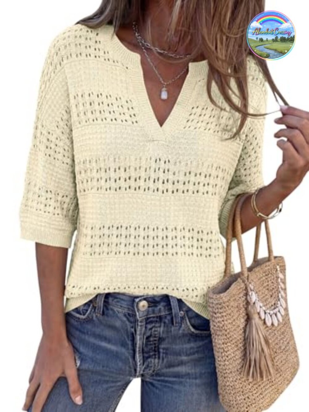Crochet Knit Short Sleeve Oversized Sweater Beach Cover Up V-Neck Pullover